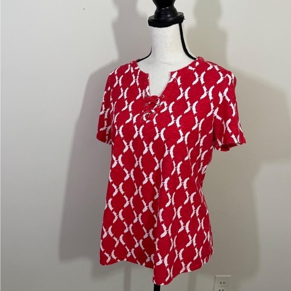 Chico's Red and White Graphic Short Sleeve Blouse